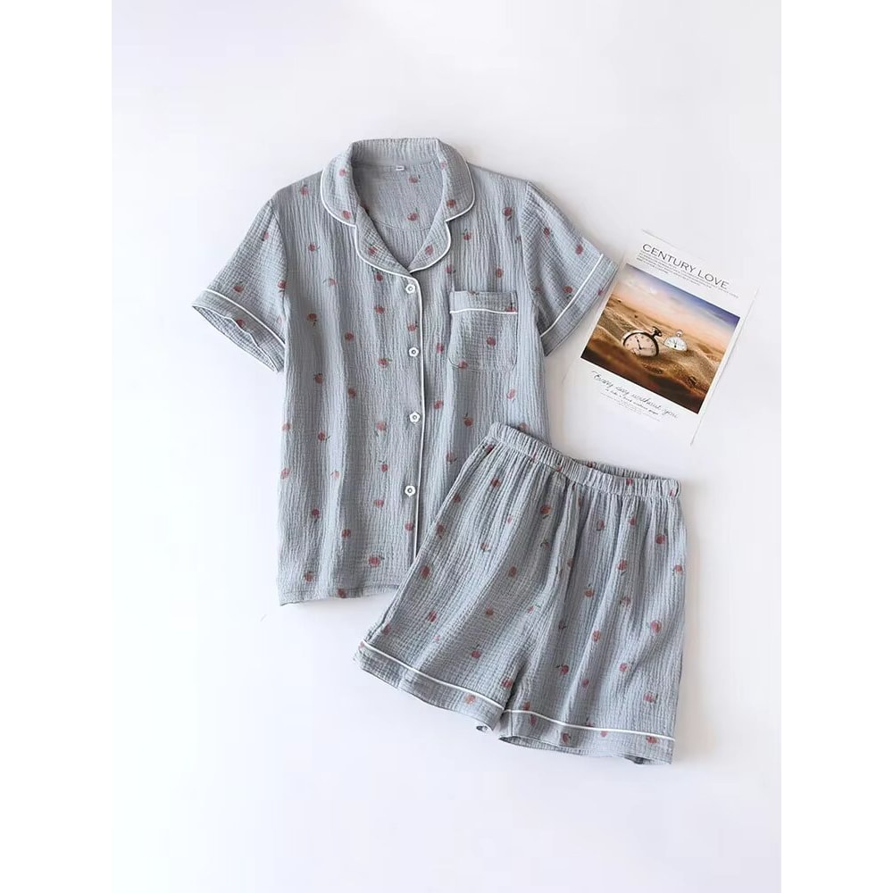 Summer Ladies Shortsleeved Pajamas Set Cotton Crepe Cloth Thin Twopiece Spring And Autumn Loose Sho 6