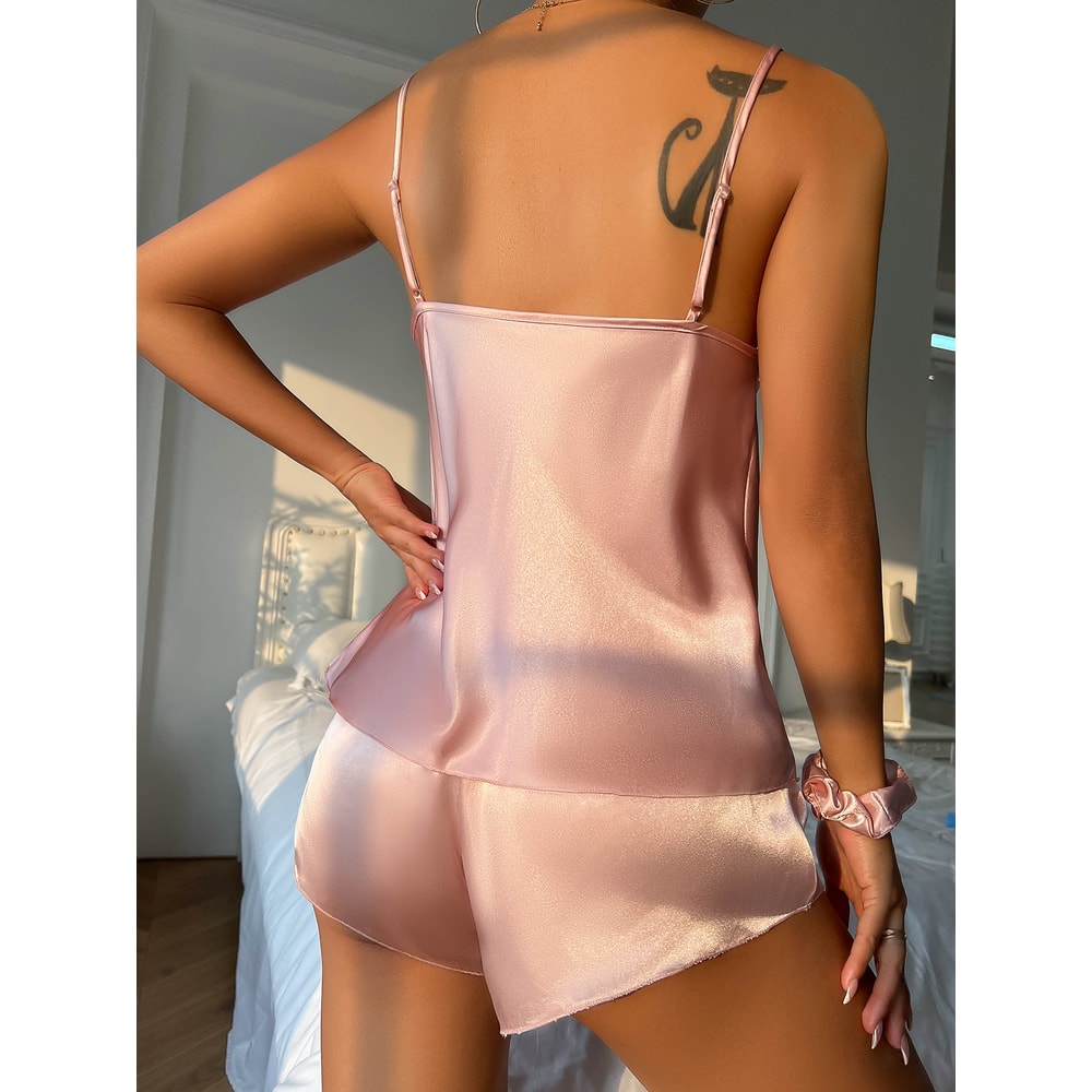 Womens Sleepwear Loungewear Solid Satin Pajama Set V Neck Cami Top Elastic Waistband Shorts 1