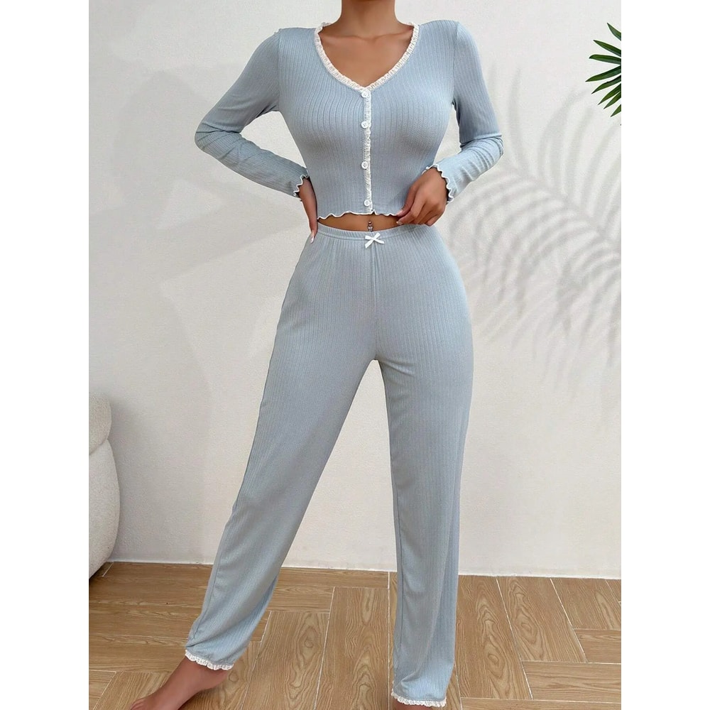 Sexy Lace Pijamas Sleepwear Set Autumn Winter Homewear Pajamas For Women Long Sleeves Shirt 2
