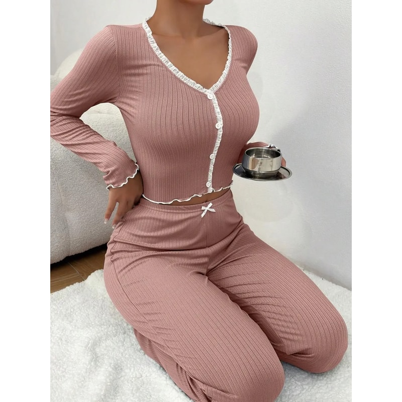 Sexy Lace Pijamas Sleepwear Set Autumn Winter Homewear Pajamas For Women Long Sleeves Shirt 4