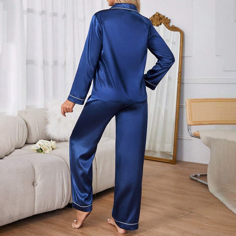 Satin Womens Sleepwear Pajama Set Long Sleeve Button Top Elastic Pants Loungewear 1