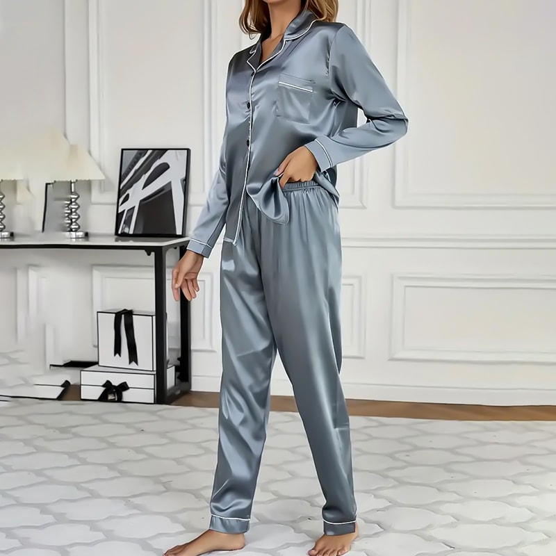 Satin Womens Sleepwear Pajama Set Long Sleeve Button Top Elastic Pants Loungewear 3