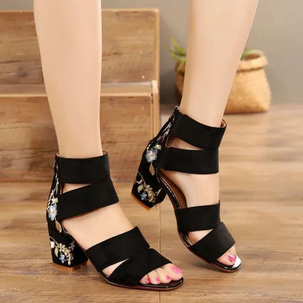 Women's Ethnic Style Embroidered Mid-heel Sandals, Summer Casual Thick Heels, Vintage Open-toed Embroidered Shoes