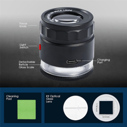 jewelry loupe magnifier , led light and scale, rechargeable magnifying glass with adjustable focal length for precision