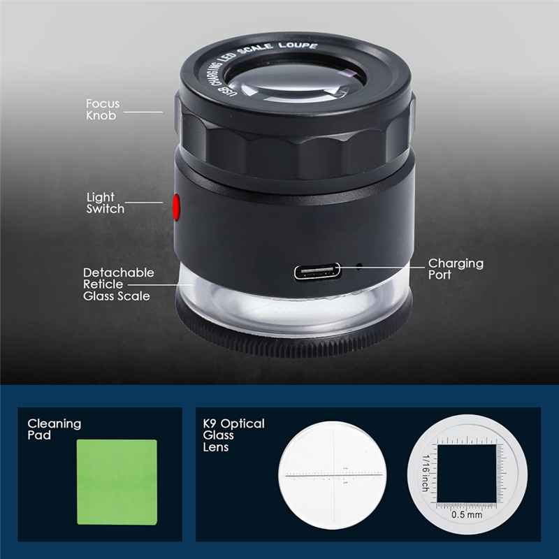 Jewelry Loupe Magnifier , LED Light and Scale, Rechargeable Magnifying Glass With Adjustable Focal Length for Precision