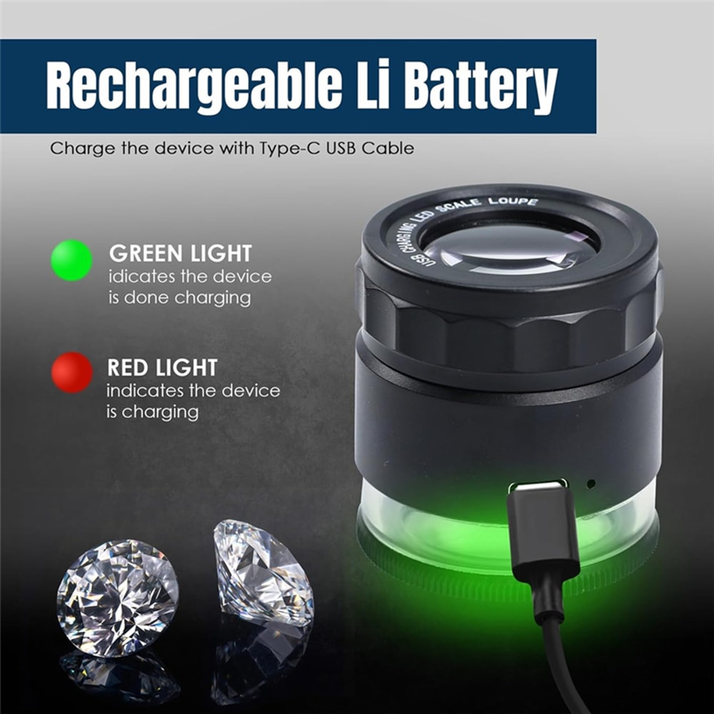 Jewelry Loupe Magnifier , LED Light and Scale, Rechargeable Magnifying Glass With Adjustable Focal Length for Precision