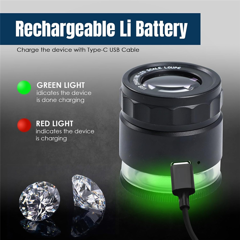 Jewelry Loupe Magnifier , LED Light and Scale, Rechargeable Magnifying Glass With Adjustable Focal Length for Precision