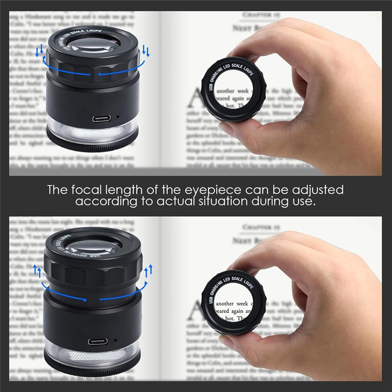 Jewelry Loupe Magnifier , LED Light and Scale, Rechargeable Magnifying Glass With Adjustable Focal Length for Precision