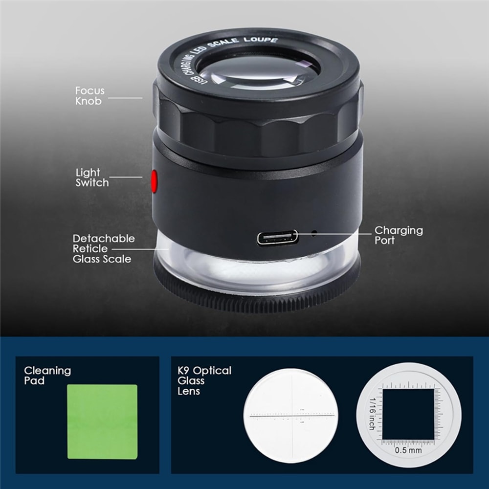 Jewelry Loupe Magnifier , LED Light and Scale, Rechargeable Magnifying Glass With Adjustable Focal Length for Precision