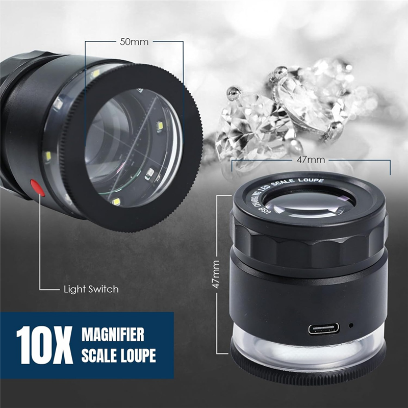 Jewelry Loupe Magnifier , LED Light and Scale, Rechargeable Magnifying Glass With Adjustable Focal Length for Precision