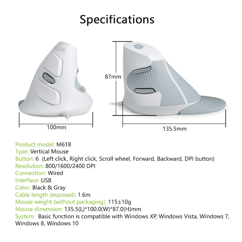 White Ergonomic Vertical Mouse 1600 DPI 6 Buttons Wired Optical Right Hand Mice 3