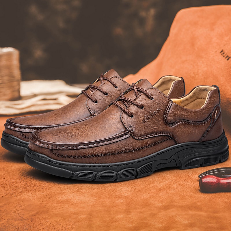 CLOHOO Mens Handmade Thick Rubber Bottom Breathable Casual Leather Shoes Classic Sewn Loafers Comfo 0