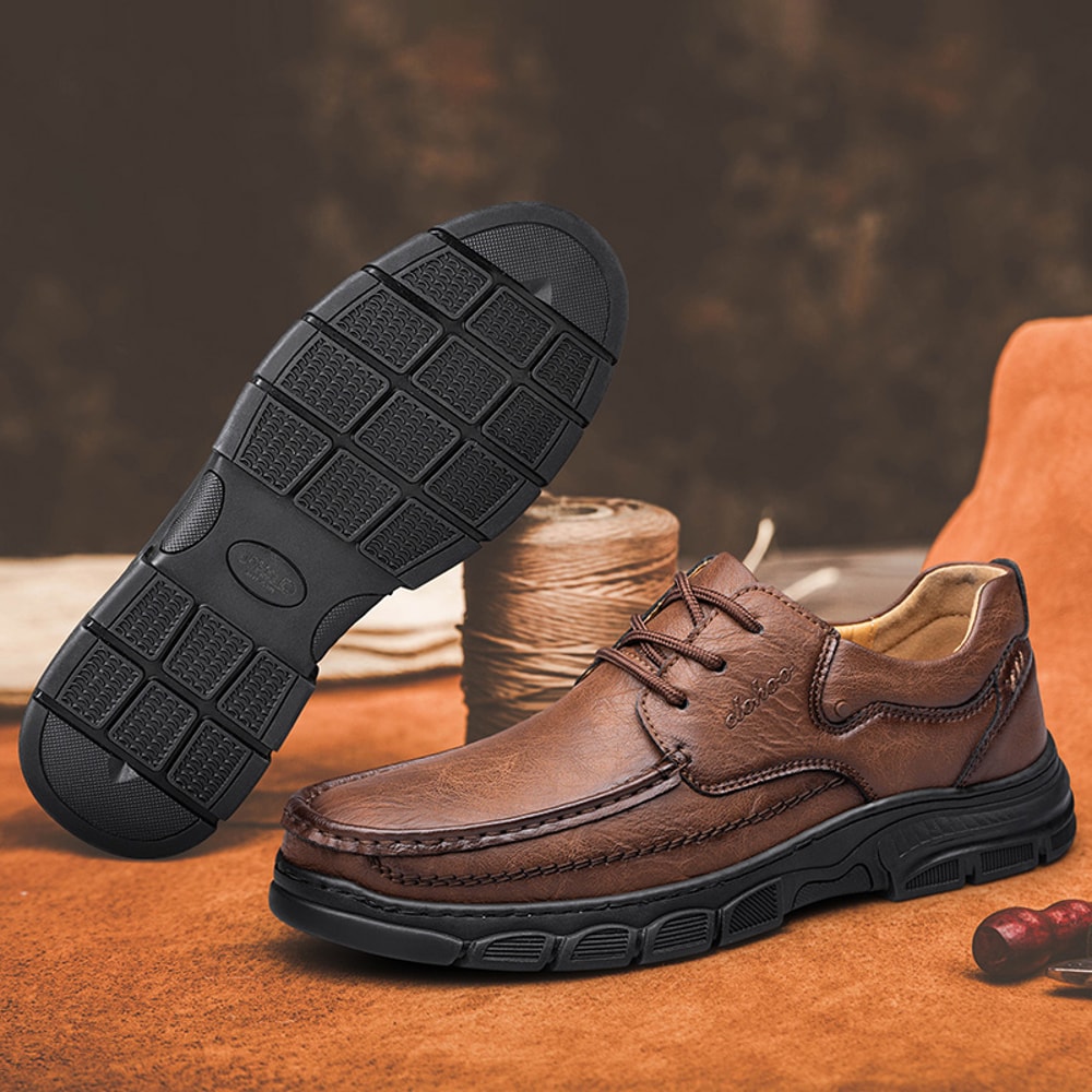 CLOHOO Mens Handmade Thick Rubber Bottom Breathable Casual Leather Shoes Classic Sewn Loafers Comfo 1