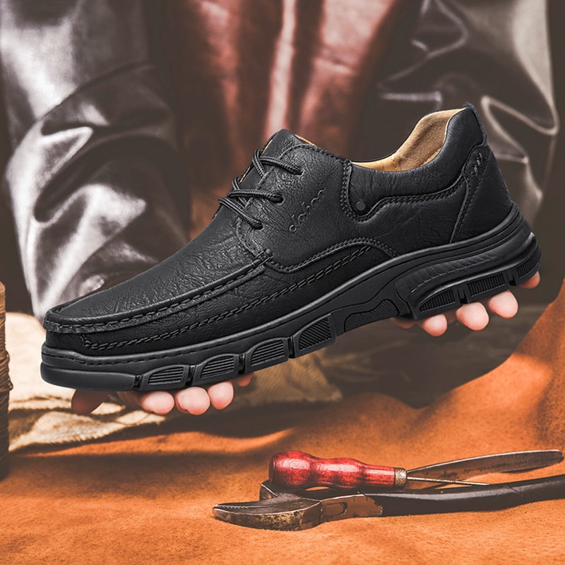 CLOHOO Mens Handmade Thick Rubber Bottom Breathable Casual Leather Shoes Classic Sewn Loafers Comfo 2