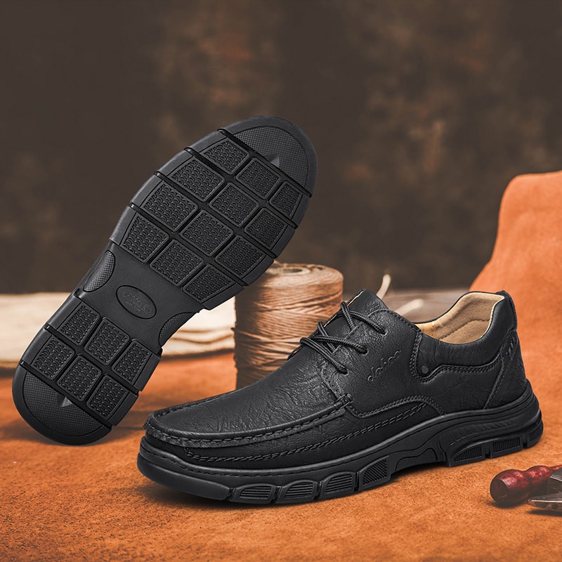 CLOHOO Mens Handmade Thick Rubber Bottom Breathable Casual Leather Shoes Classic Sewn Loafers Comfo 3