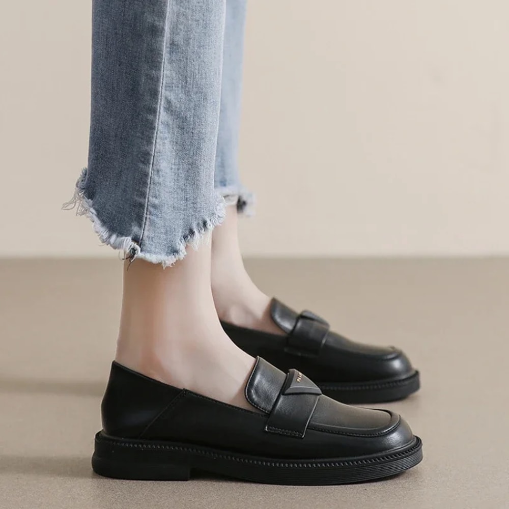 Black Womens Leather Loafers Mid Heel British Style Casual Shoes For Spring Office Banquet Wear Fa 5