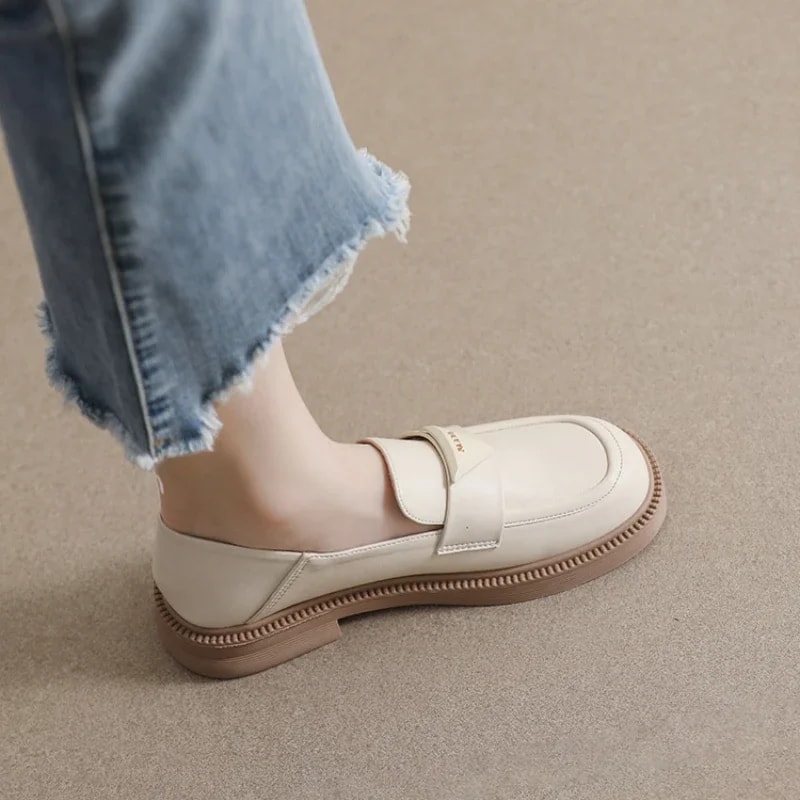 Black Womens Leather Loafers Mid Heel British Style Casual Shoes For Spring Office Banquet Wear Fa 7