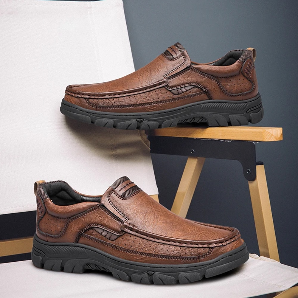 Mens SlipOn Leather Casual Shoes WearResistant AntiSkid Loafers Round Toe Thick Bottom Dress Footwe 3