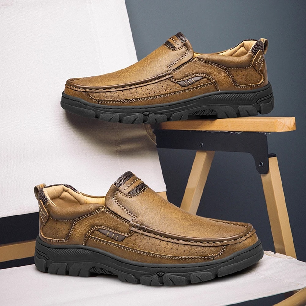 Mens SlipOn Leather Casual Shoes WearResistant AntiSkid Loafers Round Toe Thick Bottom Dress Footwe 4