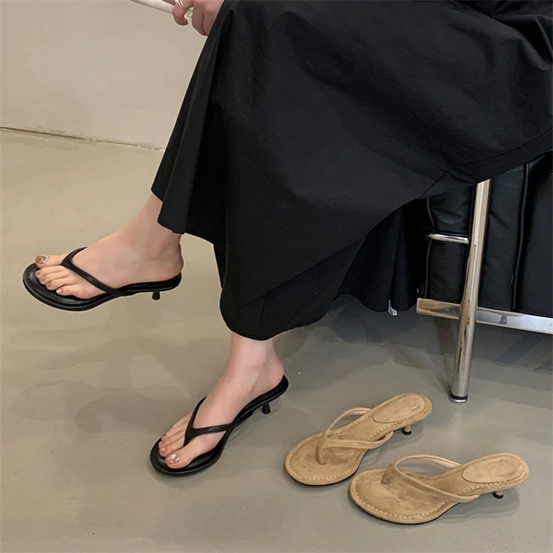 Summer Fashion Thin Low Heels, Women Round Clip Toe, Beach Casual Sandals Flip Flops Shoes for Everyday Wear