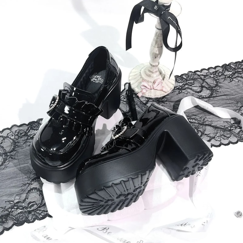 Sweet Heart-Shaped Buckle Lolita Pumps, Waterproof PU Leather Platform Mary Janes High Heels Shoes for Women