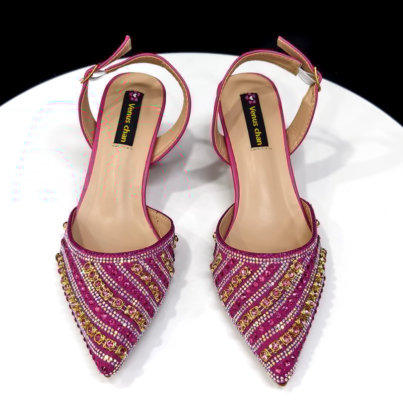 Rhinestone Decoration Fuchsia Color Shoes And Bag Set Shiny Italian Fashion Pointed Toe Women Heel 1
