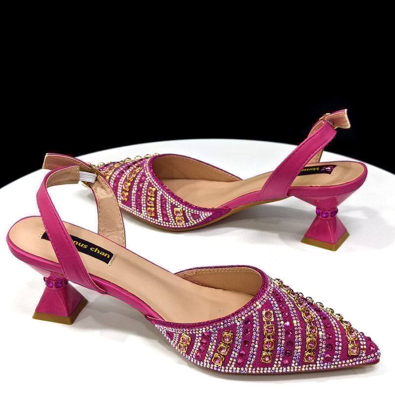 Rhinestone Decoration Fuchsia Color Shoes And Bag Set Shiny Italian Fashion Pointed Toe Women Heel 5
