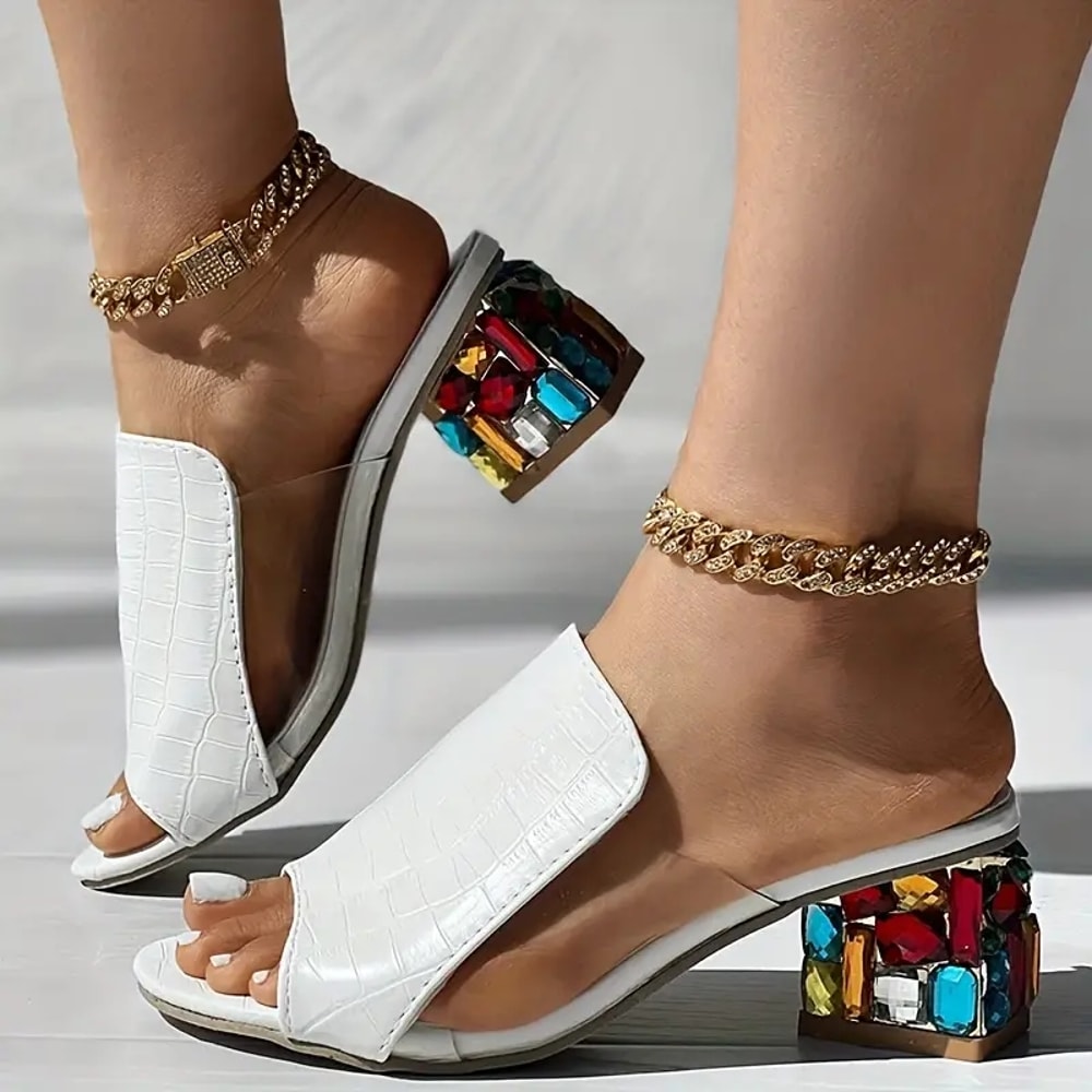 Spring Summer Open Toe Sandals, Women Crystal Sandals, Square Heels Beach Fashion Sandals