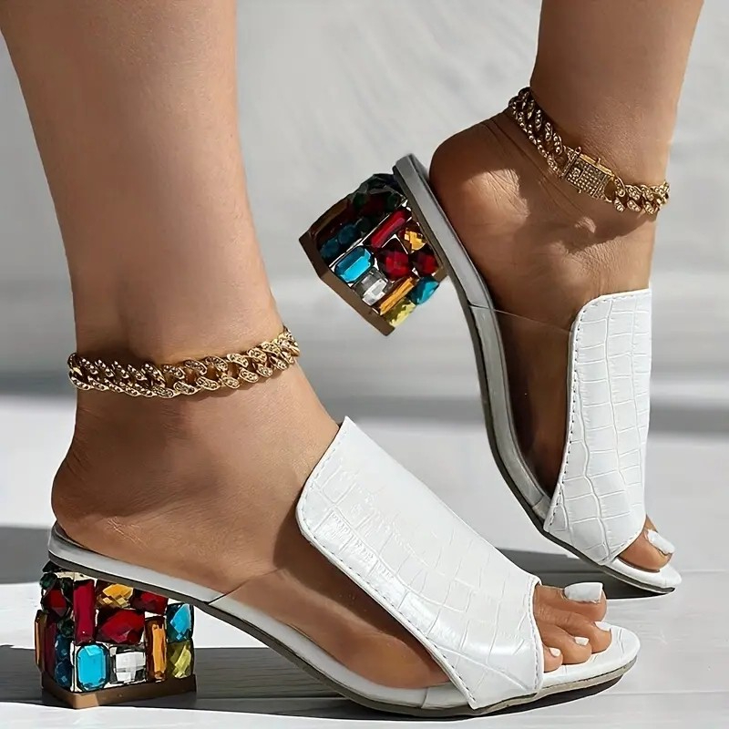 Spring Summer Open Toe Sandals, Women Crystal Sandals, Square Heels Beach Fashion Sandals