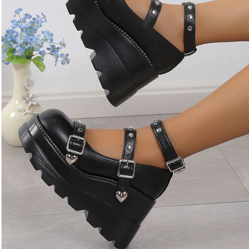 Black Round Toe Heel Studded Punk Nightclub Ladies Mary Jane Y2 Lace Buckle Lolita Women's Shoes
