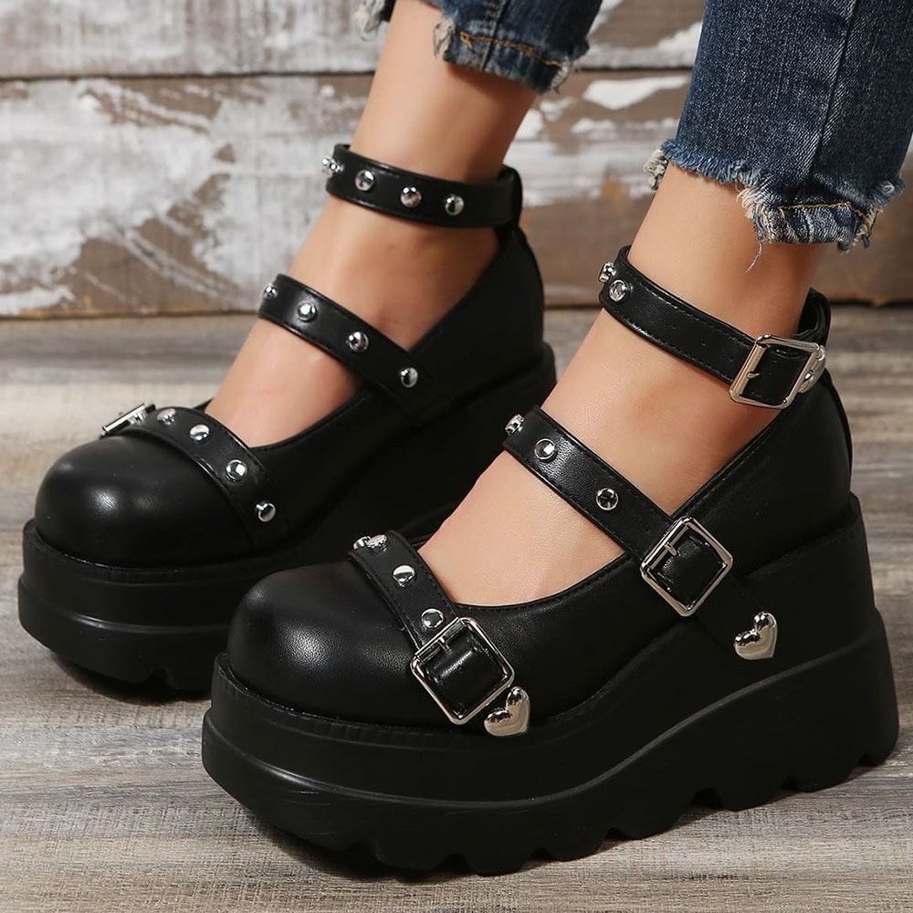 Black Round Toe Heel Studded Punk Nightclub Ladies Mary Jane Y2 Lace Buckle Lolita Women's Shoes