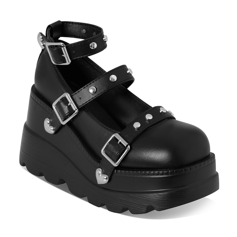 Black Round Toe Heel Studded Punk Nightclub Ladies Mary Jane Y2 Lace Buckle Lolita Women's Shoes
