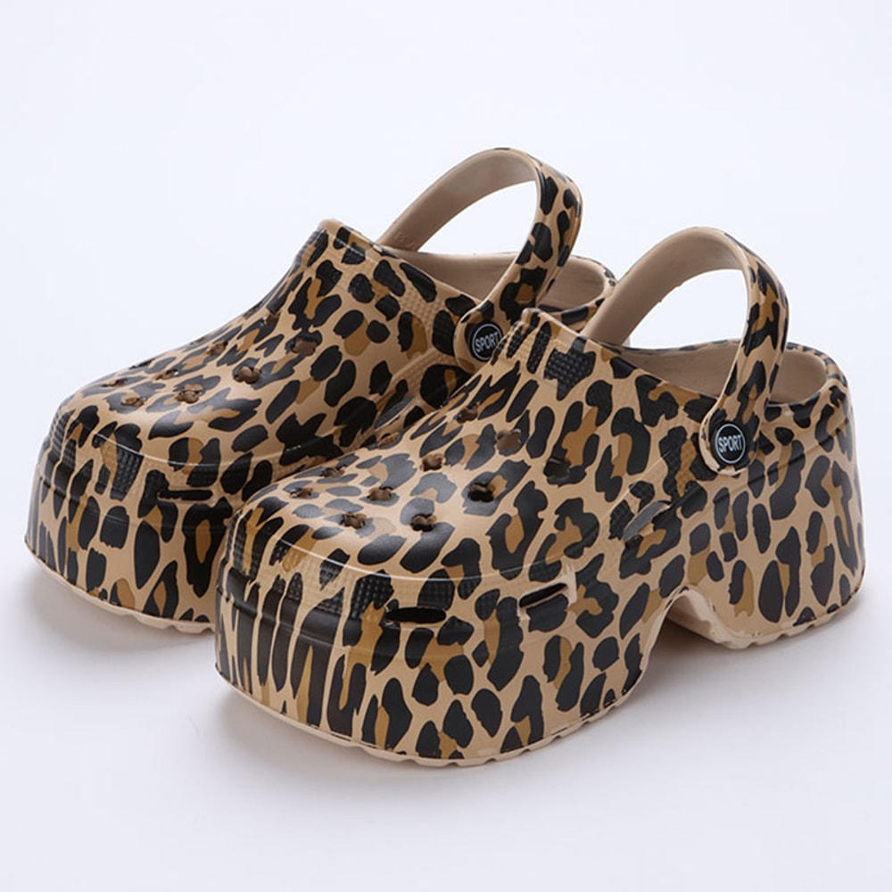 Leopard Print Closed Toe Chunky Clogs for Women, Super High Wedge Sandals, Platform Heel Slippers