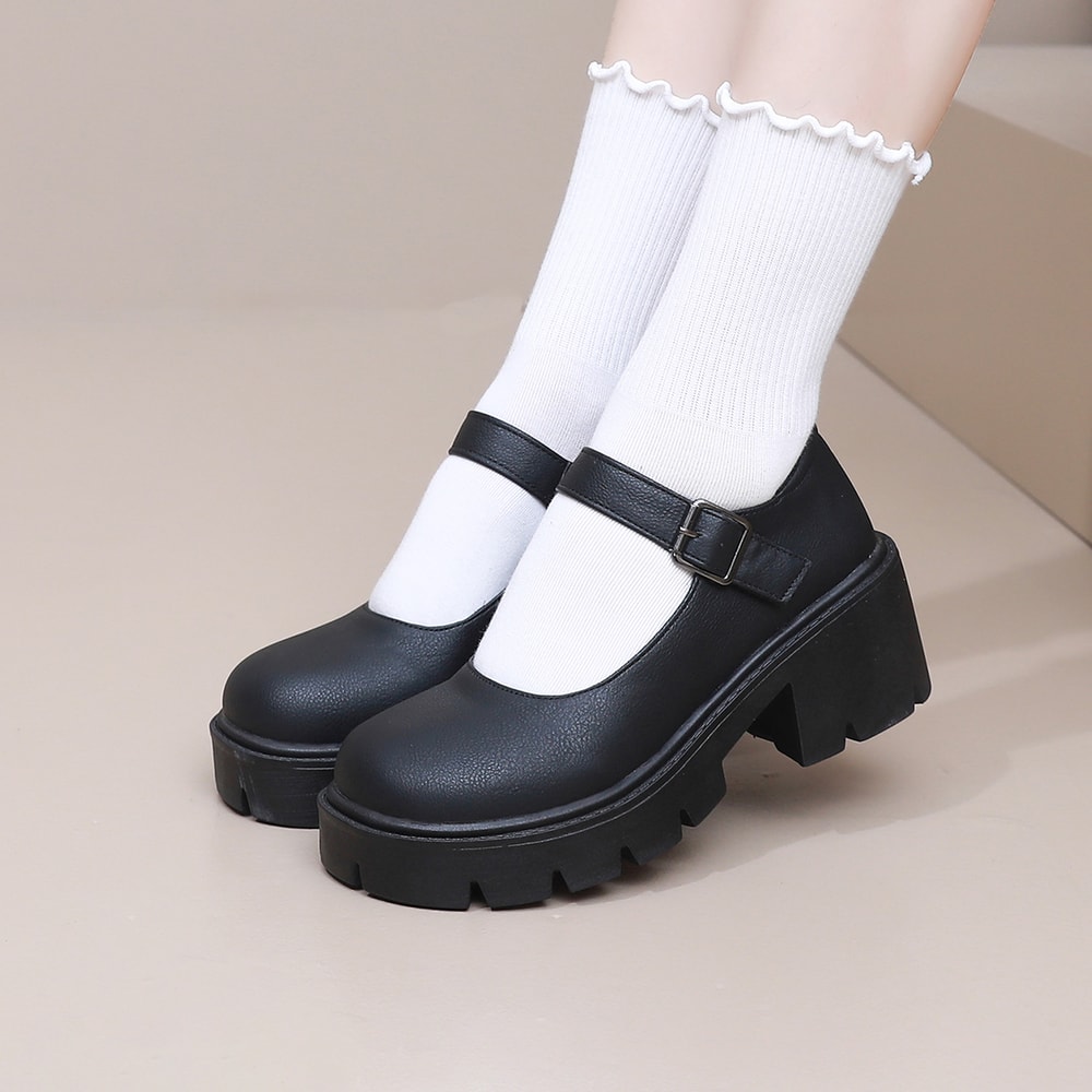 Women Lolita Shoes PU Leather Platform Mary Janes Vintage Chunky Heels Pumps Japanese Style Heels F 3