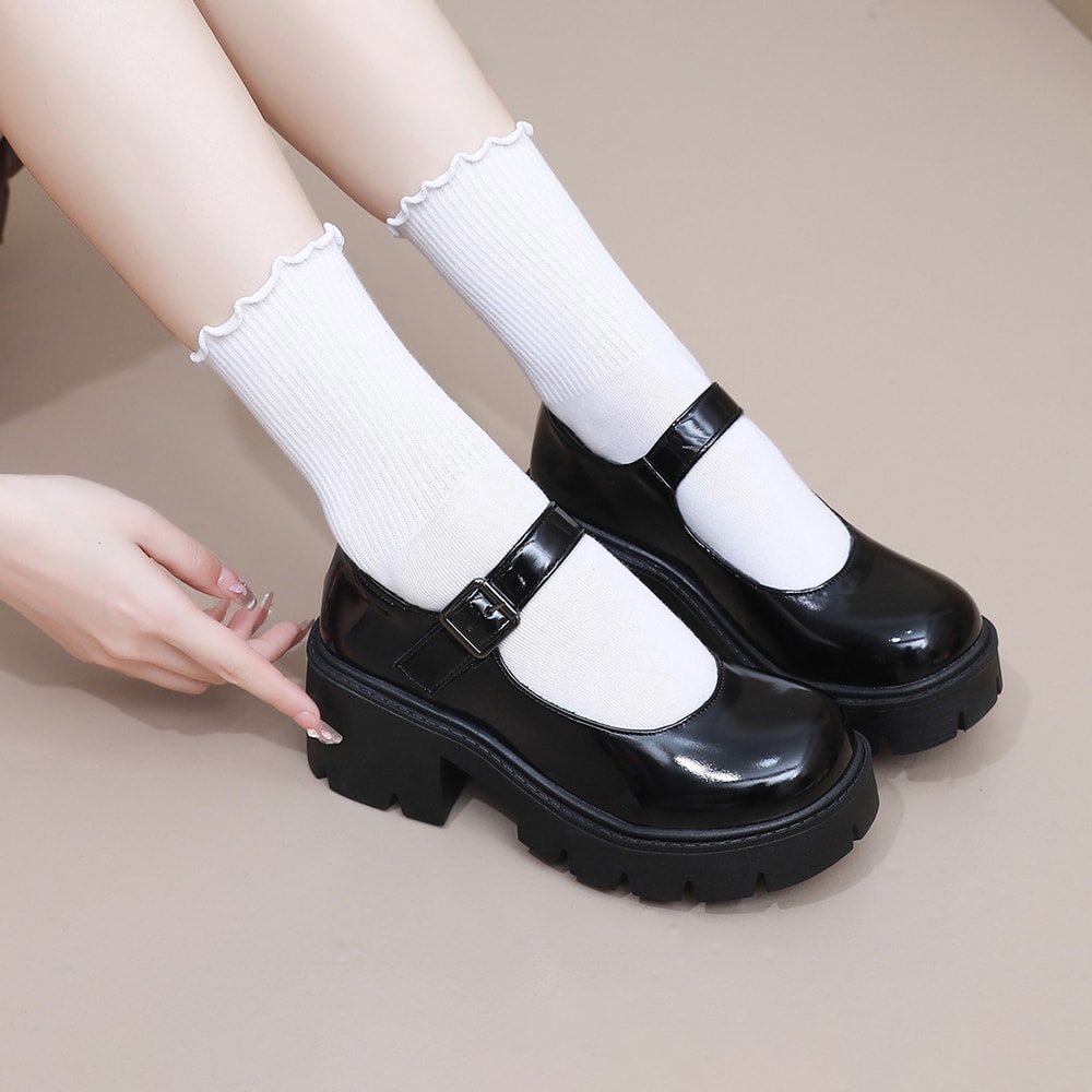 Women Lolita Shoes PU Leather Platform Mary Janes Vintage Chunky Heels Pumps Japanese Style Heels F 4