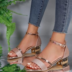 women sandals heels casual shoes, stylish open toe gold sandals, square ankle strap low heels footwear