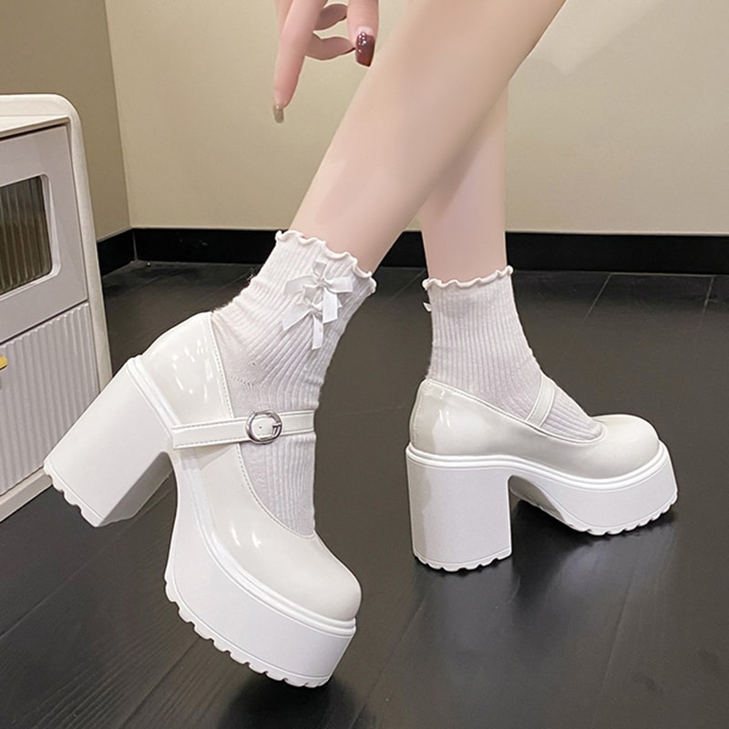 Womens Chunky Platform High Heels Autumn PU Leather Ankle Buckle Mary Jane Pumps Thick Heeled White 0