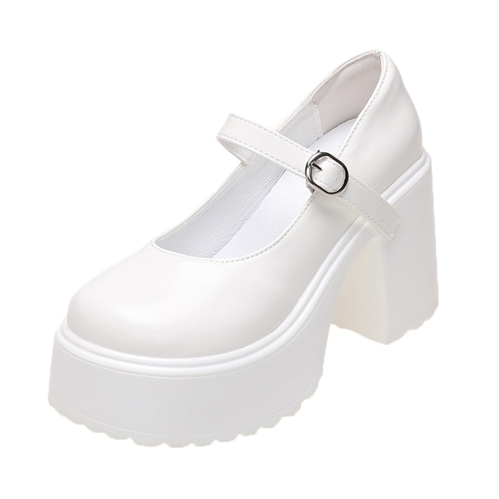 Womens Chunky Platform High Heels Autumn PU Leather Ankle Buckle Mary Jane Pumps Thick Heeled White 1