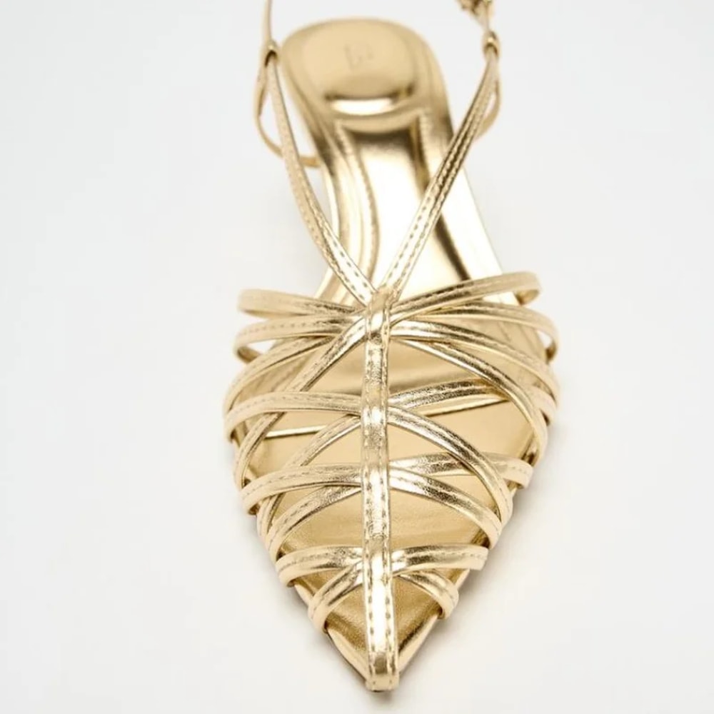 Fashion Narrow Strap Hollow Thin Heels, Luxury Gold Brand Heels Women, Sexy Pointed Toe Slingbacks High Heel Sandals