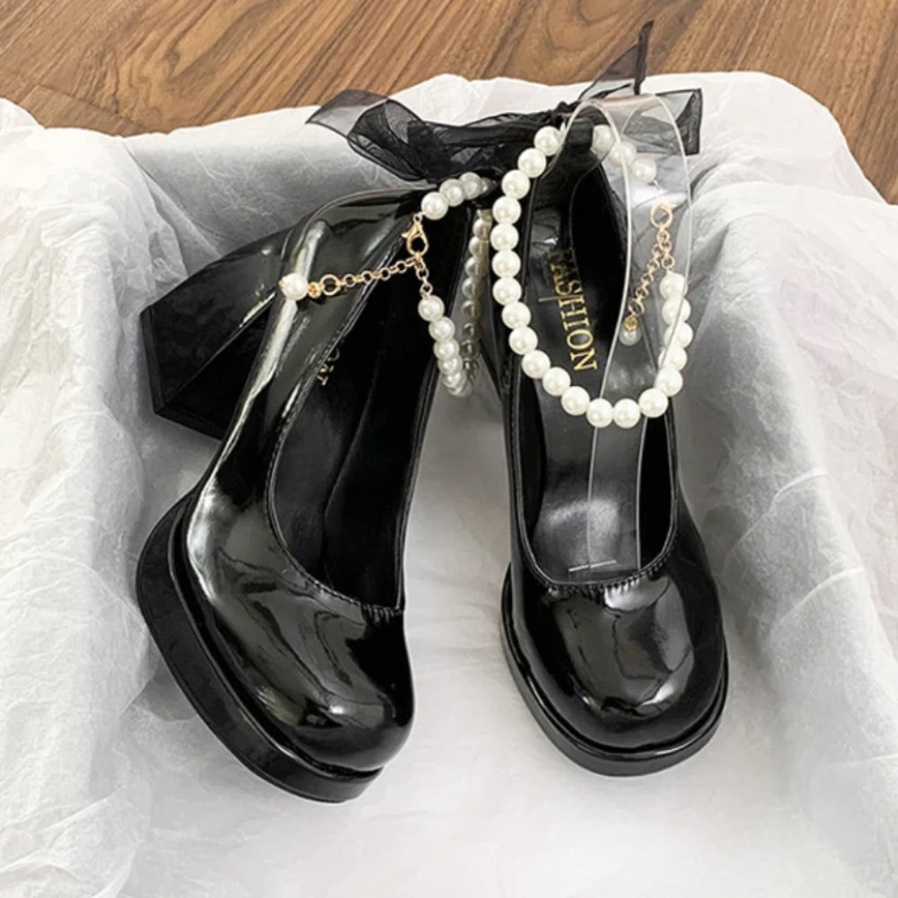 Elegant Bow Square Toe Women Mary Jane Shoes Luxury Women High Heels Pearl Lace Party Wedding Style 1