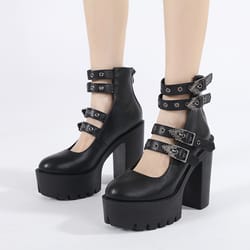 platform mary jane shoes, goth style women block heels, halloween fashion buckle strap dress pumps