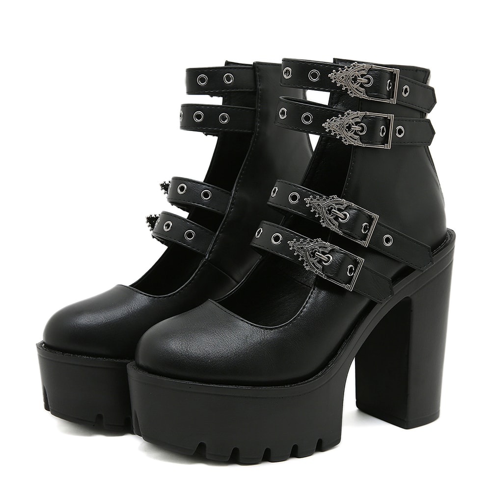 Platform Mary Jane Shoes, Goth Style Women Block Heels, Halloween Fashion Buckle Strap Dress Pumps