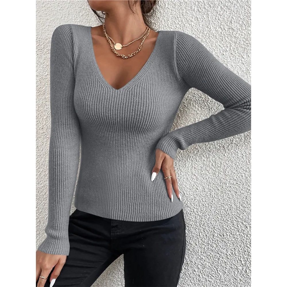 Autumn Winter Women Rib Knit V Neck Sweater Y2k Stripe Pullover Long Sleeve Jersey Tops Trendy Fash