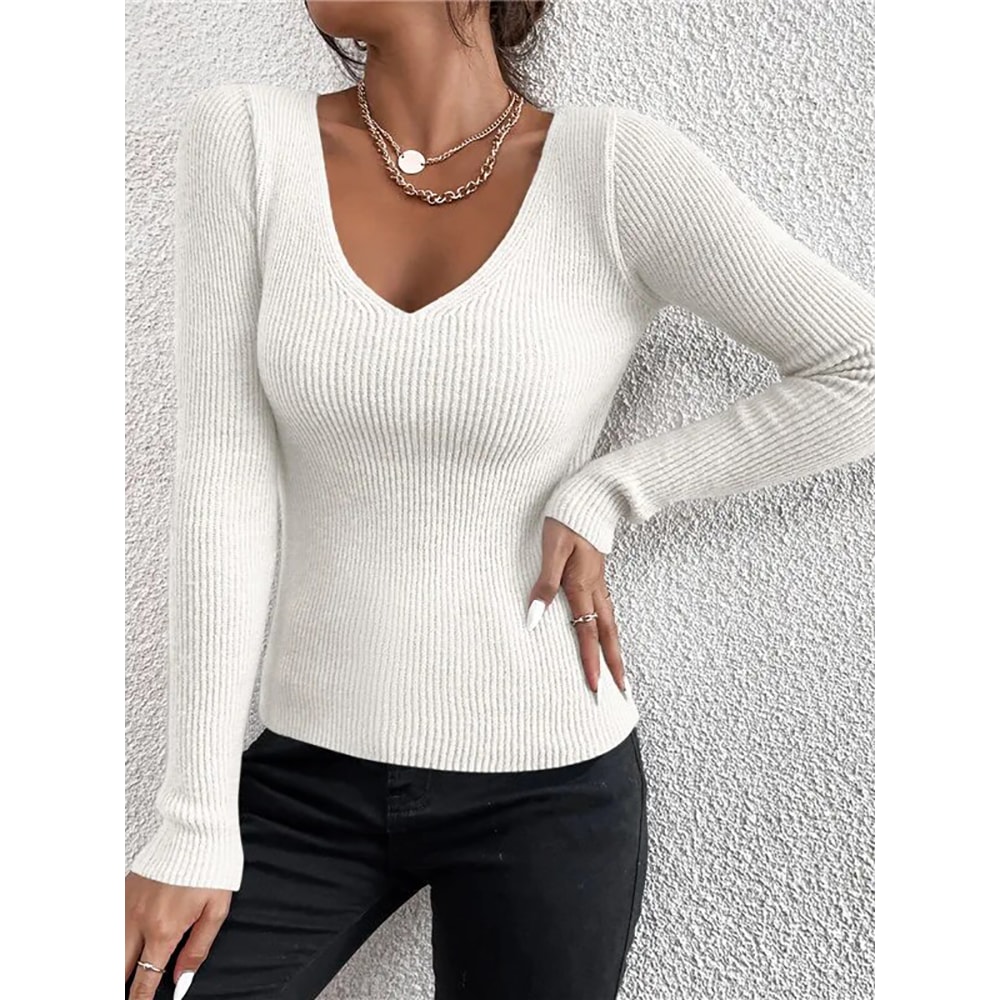 Autumn Winter Women Rib Knit V Neck Sweater Y2k Stripe Pullover Long Sleeve Jersey Tops Trendy Fash