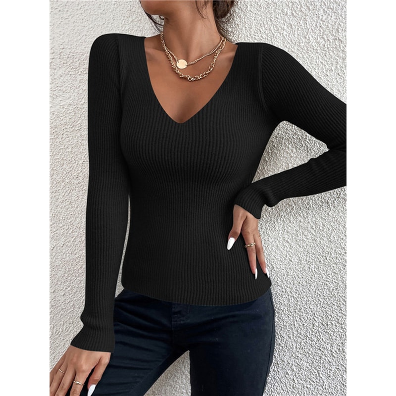 Autumn Winter Women Rib Knit V Neck Sweater Y2k Stripe Pullover Long Sleeve Jersey Tops Trendy Fash