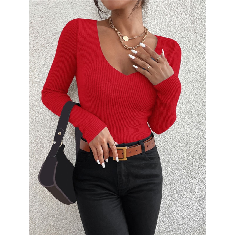 Autumn Winter Women Rib Knit V Neck Sweater Y2k Stripe Pullover Long Sleeve Jersey Tops Trendy Fash