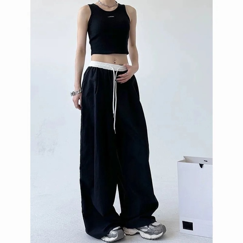High Street Women's Wide Leg Pants, Drawstring Cargo Pants, Hip Hop Lady's Summer Trousers, Stylish Female Trousers