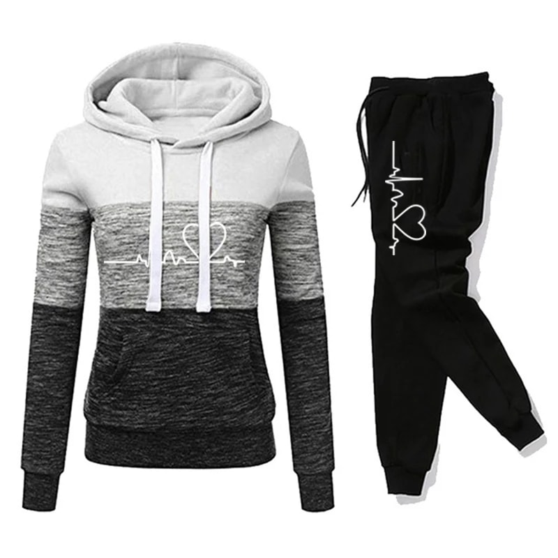 Versatile Casual Women Tracksuit Sweatshirt Hooded Pullover Sweatpant Color Block Jogging Outfits S