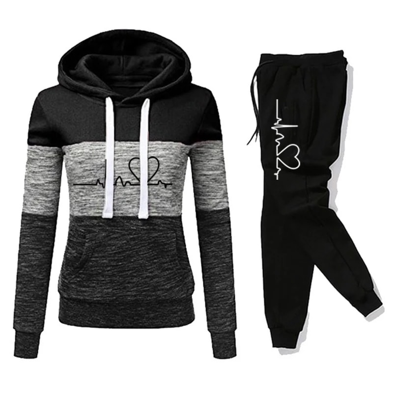 Versatile Casual Women Tracksuit Sweatshirt Hooded Pullover Sweatpant Color Block Jogging Outfits S