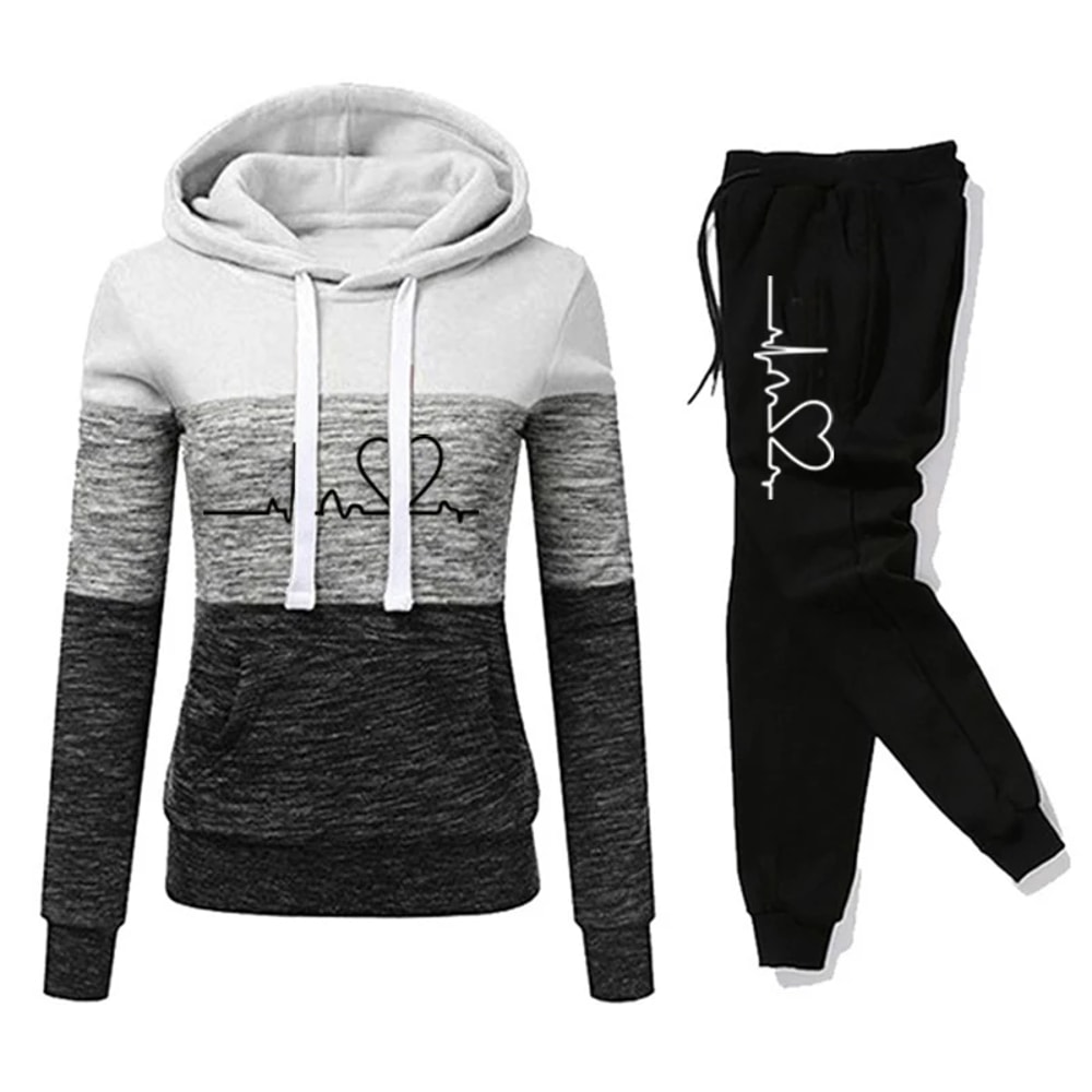 Versatile Casual Women Tracksuit Sweatshirt Hooded Pullover Sweatpant Color Block Jogging Outfits S